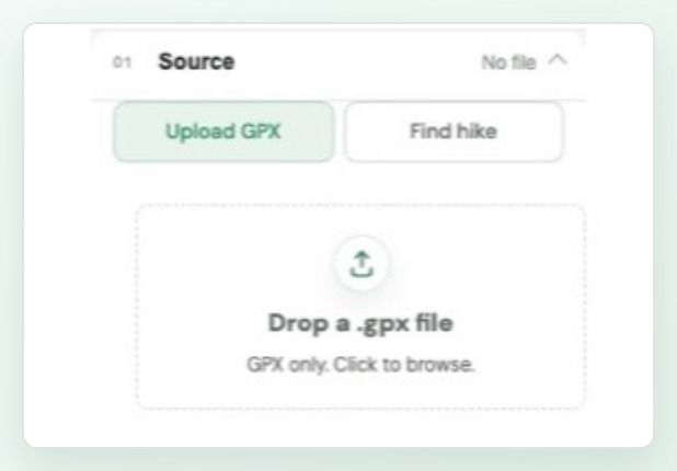 DDD Maps GPX editor source panel with Upload GPX and Find hike tabs