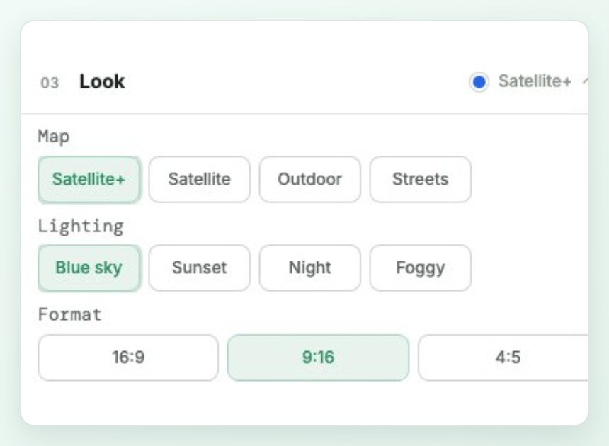 DDD Maps Travel editor look panel with map, lighting, and format controls