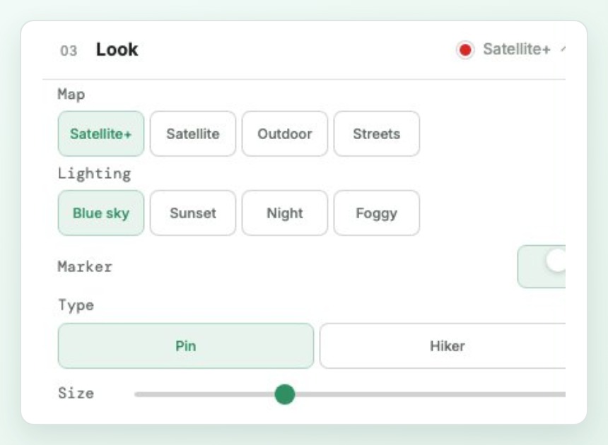 DDD Maps Zoom editor look panel with map, lighting, marker type, and marker size controls